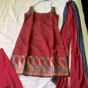 Indian dress with gold sequin embroidered small burgundy silk wedding guest